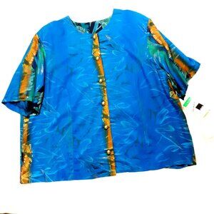 Kensington Square Women 22/24  Blue Hawaiian Print Short Sleeve Vintage  NWT